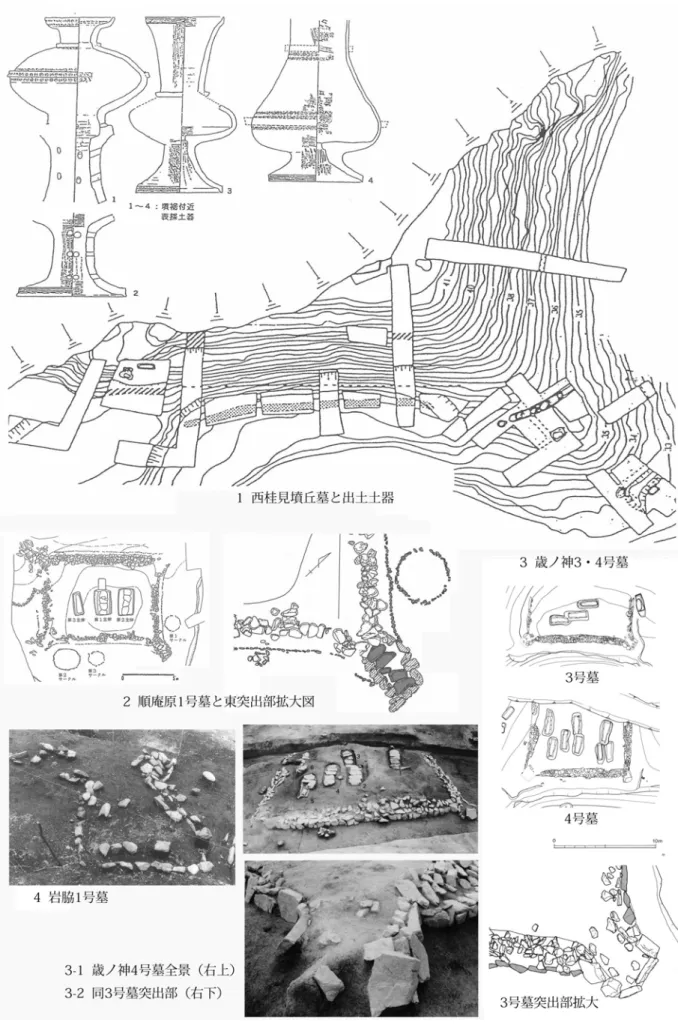 図 43  後期前半から中葉の四隅突出型墳丘墓 2（1：田中ほか 1992      2：門脇俊 1971・仁木 2007    3：広島県文化財調査センター1986    4：三次市 2004） 