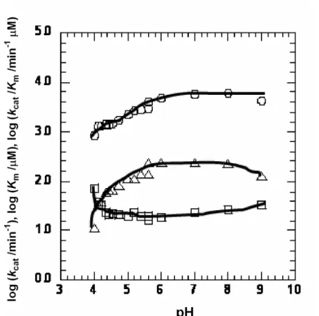 Fig. 9.      pH profiles of log (k cat /min -1 ) (○), log (K m /µM) (□) and log (k cat /K m  /min -1 µM)  (∆) for the hydrolysis of imipenem by IMP-1 under sufficient concentration of  Zn(II) at 30 ºC