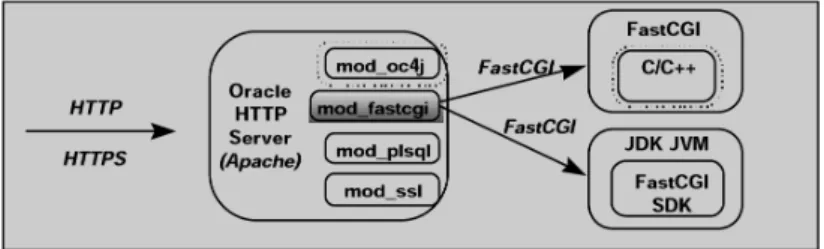 図 9:  FastCGI のアーキテクチャ  クライアント・リクエストが到着すると、 Web サーバーは FastCGI プロセスに対 する接続をオープンし、 FastCGI プロセスがアプリケーションの入口点を呼び出し て、結果を戻します。 FastCGI プロセスは、配置オプションの選択により、同じマ シンまたは別のマシンに置くことができます。 単一スレッドの FastCGI アプリケー ションに対しては、マルチ・プロセスに基づく構成が自動的に提供され、マルチ・ スレッドの FastCGI アプリケー