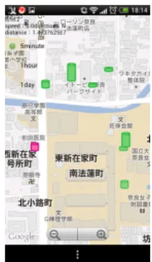 図 5 アプリケーション起動後 60 秒後 図 6 情報の更新 図 7 地図の拡大縮小 値である．他利用者の LF/HF 値は時間によって 3 段階の 色に分けられており，過去のものほど薄いグラフで表示さ れている．図 5 では， 5 分が選択されている． 図 6 は情報を更新した時の画面である．左図では濃く表 示されていたものが，右図では薄くなっている．表示する 他利用者のデータを時間によって 3 段階に分けており，濃 いグラフが現在から過去 5 分以内のもの， 2 番目に濃いグ ラフが過去 5 分から 