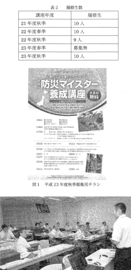 表 2 履修生数 講座年度 履 修 生 21 年度秋季 10 人 22 年度春季 10 人 22 年度秋季 9 人 23 年度春季 募集無 23 年度秋季 10 人 図 l 平成 23 年度秋季募集用チラシ 写真 l 平成 22 年度秋季履修生特別研究発表会 C H 2 2 
