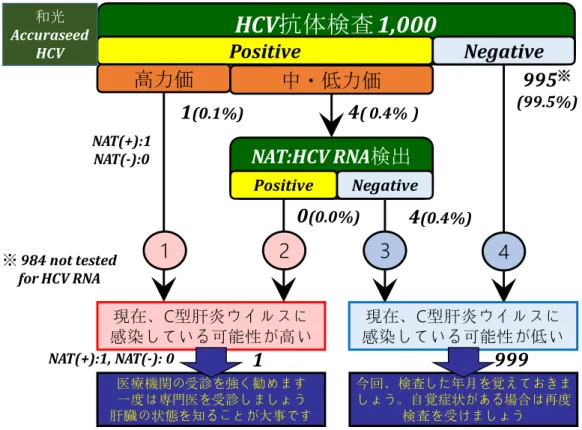図 7  HCV 検診受診者 1,000 人の測定結果の解析―Accuraseed HCV―  図 8  標準試薬と検討試薬の散布図    －ルミパルスプレストオーソ HCV と HISCLⅡHCVAb－ HCV抗体検査1,000Positive Negative高力価中・低力価NAT:HCV RNA検出PositiveNegative現在、C型肝炎ウイルスに感染している可能性が高い現在、C型肝炎 ウイルスに 感染している可能性が低い１２３４995 ※ (99.5%)1(0.1%)4( 0.4% )4(0.