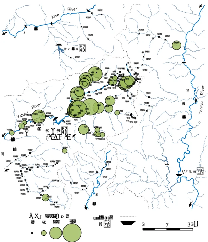 Fig. 5. Distribution of Isoperla nipponica in the Yahagi River system and surrounding rivers.