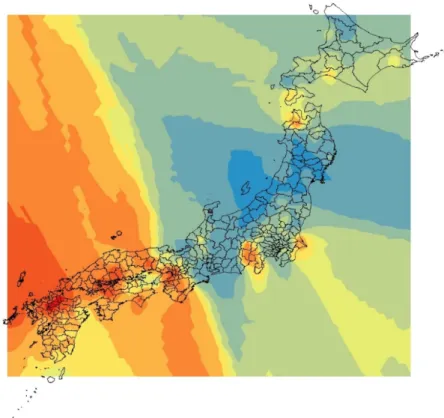 図 25  ２次医療圏別ＳＭＲベイズ推定量分布図（2011-15 年，男）［IDW による連続的分布表示］ 