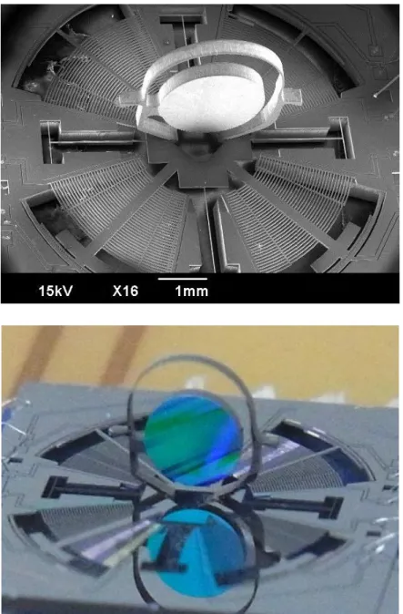 図 4-10  MEMS 回転グレーティングデバイス(上：SEM 画像，下：外観) 