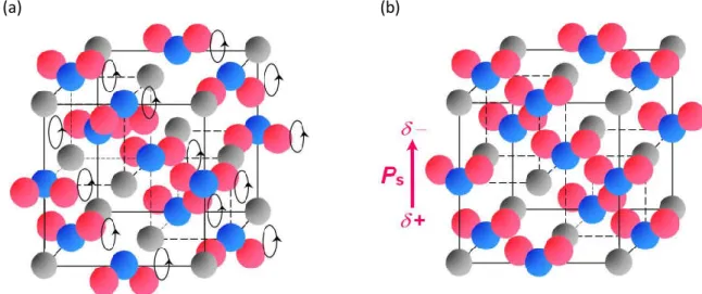 Figure  1-15      Schematic  illustlations  of  crystal  stuructures  and  polarization  direction  for  order-disoreder-type ferroelectric salts in (a) disordered phase, and (b) ferroelectric ordered phase
