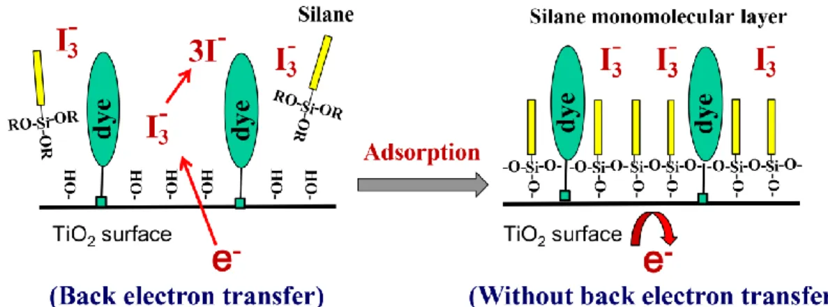 Figure 2.9. Schematic representation of self-assembled silane monomolecular layer formation  on TiO 2  surface and blocking the back- electron transfer 