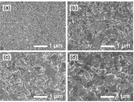 図 4.14  膜厚違いによる SiO 2 基板上の Ag 薄膜の SEM 像  (a)  154 nm 、 (b)  482 nm、 (c)  620 nm 、 (d)  1017 nm
