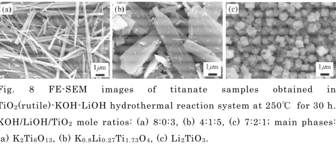 Fig.  8  FE-SEM  images  of  titanate  samples  obtained  in  TiO 2 (rutile)-KOH-LiOH hydrothermal reaction system at 250 ℃   for 30 h