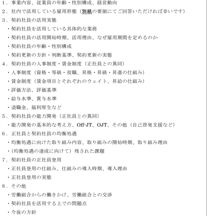 図表 1-5（1）質問項目  １．事業内容、従業員の年齢・性別構成、経営動向  ２．社内で活用している雇用形態（別紙の要領にてご回答いただければ幸いです）  ３．契約社員の活用実態  ・契約社員を活用している具体的な業務  ・契約社員の活用開始時期、活用理由、なぜ雇用期間を定めるのか  ・契約社員の年齢・性別構成  ・契約更新の方針・判断基準、契約更新の実態  ４．契約社員の人事制度・賃金制度（正社員との異同）  ・人事制度（資格・等級・役職、昇格・昇級・昇進の仕組み）  ・賃金制度（賃金項目とそれぞれのウ