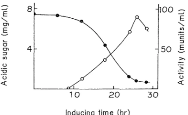 Fig. 2.  Effect  of  chondroitin  sulfate  on  chondroitinase  production  Washed  cells  grown  in  the  culture  medium  without  chondroitin  sulfate for  24  h were  added  to  3  rnl  of  medium  containing  0.75  %  chondroitin  sulfate  in  10  mM  