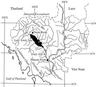 Fig. 1 Location of Lake Tonle Sap and topographic features of Cambodia （Dotted line around the lake indicates maximum flooding area during the rainy seasons）