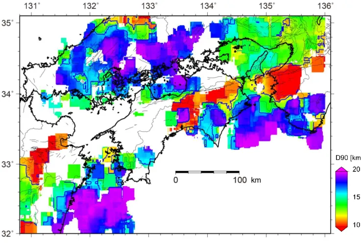 図 11  四国地域の地震発生層の下限（Ｄ９０）の分布 