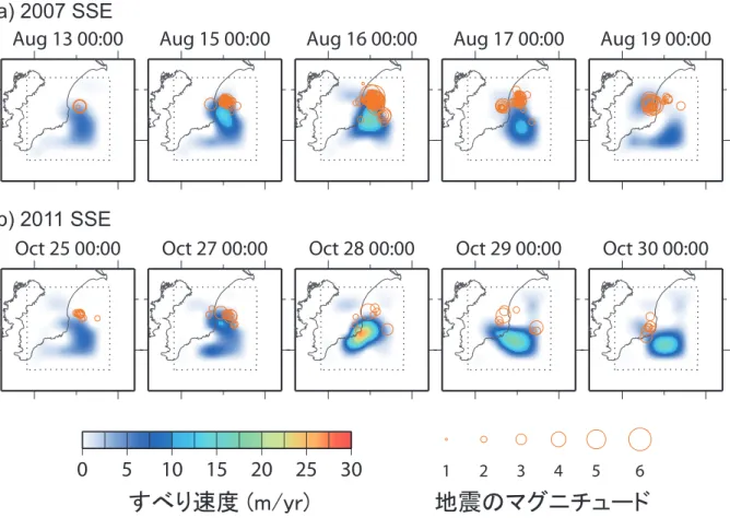 図 3: 推定されたすべり速度分布の時間変化. (a) 2007 SSE, (b) 2011 SSE. オレンジ色の円は、表示し た時刻の前後 24 時間に発生した地震の震央とそのマグニチュードを示す