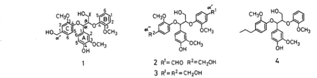 Fig  1  Structures  of  guaiacylglycerol-a,  P-diary1  ethers,  lignin  substructure  models  containing  a  non-cyclic  benzyl  aryl  ether 