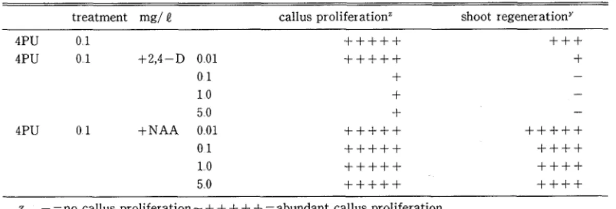 Table 3  Aftereffect  of  auxin on callus proliferation  and shoot regeneration on the medium containing  0 1 mg/  e  of  4PU 