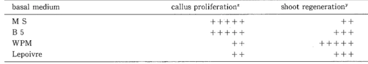 Table  4.  Effect  of  basal  medium  on callus  proliferation  and  adventitious  shoot  regeneration  of  kiwi  fruitX 