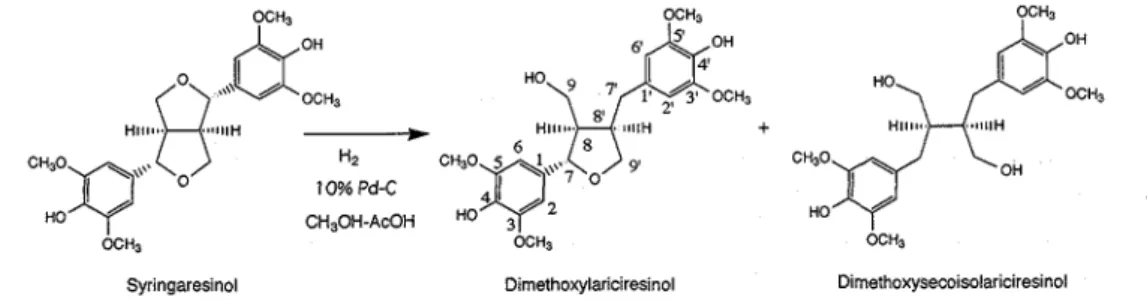 Fig  1  Preparation  of  dimethoxylariciresinol and  dimethoxysecoisolariciresinol  by  catalytic  reduction  of  syringaresinol 