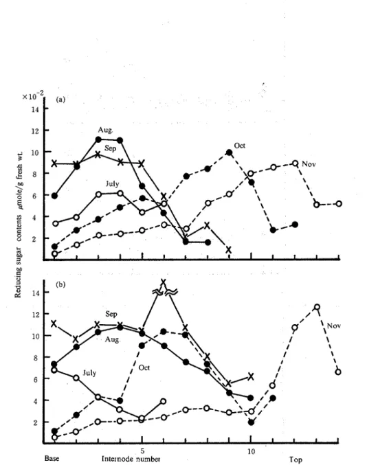 Fig. 7.  Seasonal changes of reducing sugar  contents of stalks in N:  Co (a) and Chikusha (b)