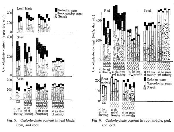 Fig  5.  Carbohydrate  content in leaf  blade,  Fig  6  Carbohydrate  content in root nodule,  pod, 