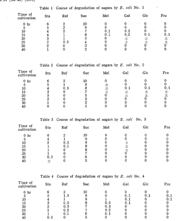 Table  1  Course  of  degradation  of  sugars  by  E.  colz  No.  1  T i m e  of  cultivation  0  hr  5  10  15  20  25  30  40 