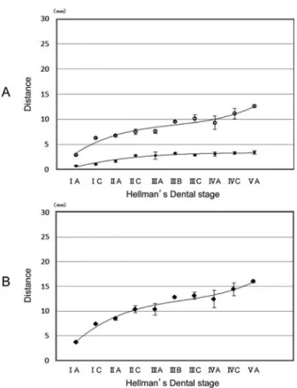 Fig 7 The distance average that measured perpendicularly in the lingual side cortical bone inboard surface from the mandibular  ca-nal center in each para-axial aspects slice from mandibular  fora-men to fora-mental forafora-men.