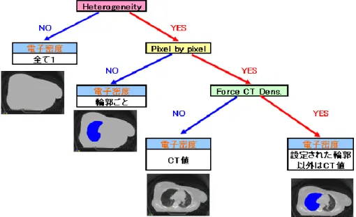 図 4.2 は以上を図化したものです。Heterogeneity と Pixel by Pixel は Dose Calculation  Settings で設定し、Force CT Dens.は Edit Contour Information（PFM）又は Edit  Assigned Electron Density（セクション B）で設定します。 