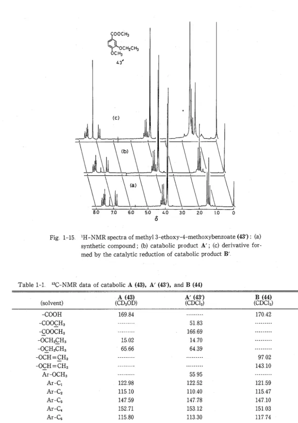 Fig  1-15  'H-NMR  spectra of  methyl 3-ethoxy-4-methoxybenzoate  (43')  :  (a)  synthetic  compound  ;  (b) catabolic  product  A'  ;  (c) derivative  for-  med by  the catalytic reduction  of  catabolic product  B' 