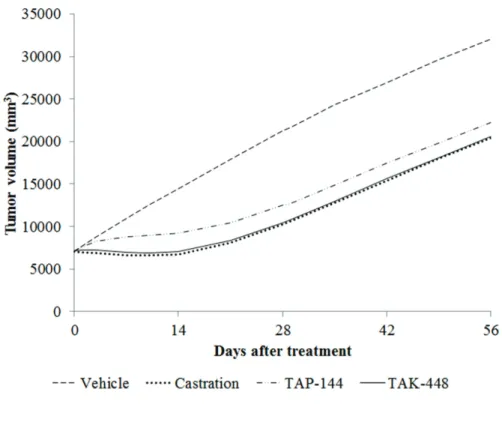 Figure 2-6. Simulation of tumor volume at the maximum effective dose. The time profiles of the  tumor volume in the TAK-448-SR and TAP-144-SR groups were simulated at sufficient effective  doses of 3000 and 10,000 mg/kg, respectively, which were 1000 times