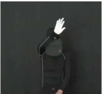Fig 2. The actor: The actor who recorded the gestural stimuli. 0.25 x 0.25 [m]SMALL LARGEa) b) [m/s 2 ] [%]-0.07  0.00  0.07  0 25 50 75  100 SMALL LARGE -0.07  0.00  0.07  