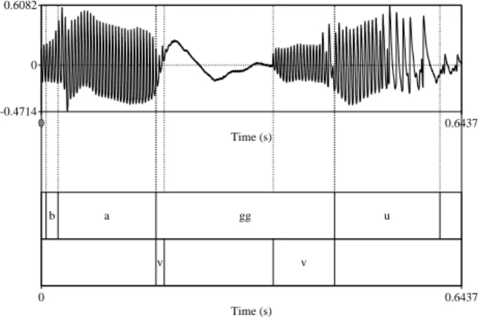 Figure 3: A case in which glottal vibration dies out once and revives during closure. The interval annotated as “v” (bottom) represents the vocal fold vibration interval in the EGG signal.