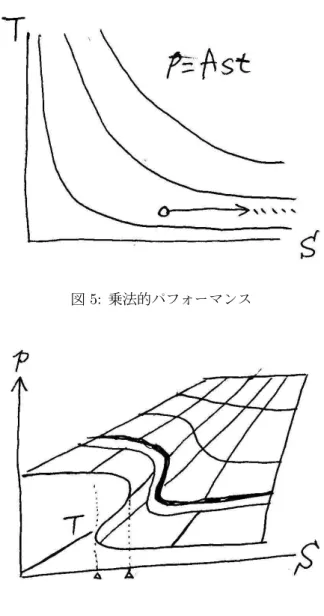 図 5: 乗法的パフォーマンス 図 6: ST-p 多様体と断面 4.3 多様体モデル 実際の s,t,p による曲面は ST 平面上に直射したとき 多体多になることもありうる。各近傍ではほぼ連続で あると仮定すれば、これは ST-p 空間上の二次元多様 体と考えることができる。 比較的シンプルな例を図 6 に示す。 ST-p 多様体を、s か t いずれかを一定とした切断面 を考える。たとえば t を一定とすれば、スキル変化に よって得られるパフォーマンスの変化である。このと き、図 6 のようなヒダがあ