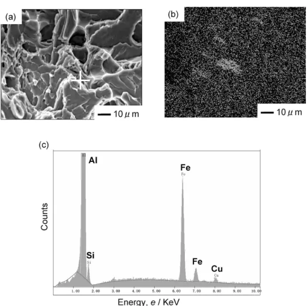 Fig. 10 Results of SEMEDS analysis on fracture surface for LAlloy, (a) SEM image, (b) Fe mapping, (c) result of point analy- analy-sis.