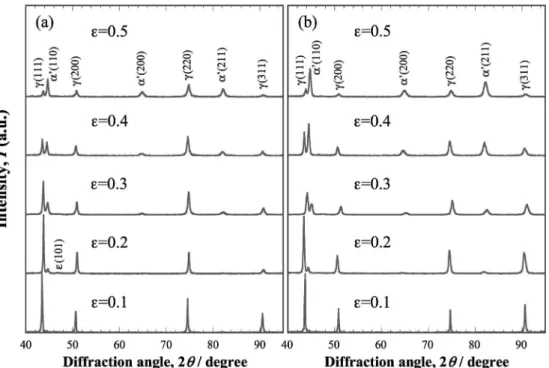 Fig. 5 Volume fraction of martensite as a function of true strain for the SUS304 steel and the SUS301L one.