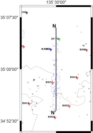図 8-1  測線 N-N’の解析に使用した観測点と震央(×)及び反射点(○) 