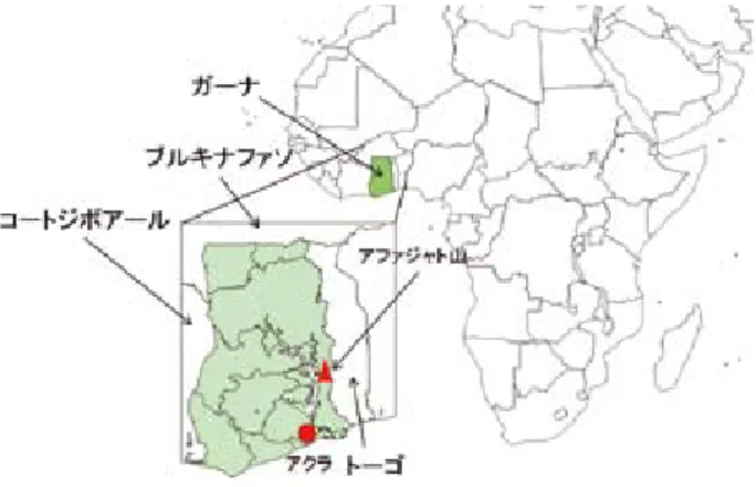 図 1　ガーナとその周辺の地図 白地図専門店（http://www.freemap.jp）を使用して作成。レビュー ガーナ共和国の家畜飼育の現状と在来家畜について 西アフリカのガーナ共和国（以下ガーナ）は、ギニア湾沿岸の熱帯雨林から北部のサヘルまで地理的多様性が大きく、そこに生息する動物も多様である。沿岸部の首都アクラは、西アフリカの中心都市であるが、北部地域は気候が厳しいこともあり、畜産は盛んでなく、動物性蛋白質の供給は不安定である。ガーナの畜産は、他の東、南アフリカ諸国に比べると盛んではなく、家畜疾病に