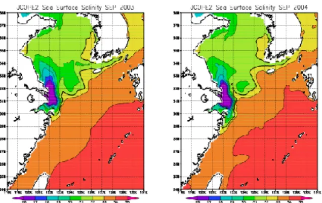 図 8:  図6 と同じ（左: 2003/09、右: 2004/09） 図6:  人工衛星海色センサーSeaWiFS で観測された