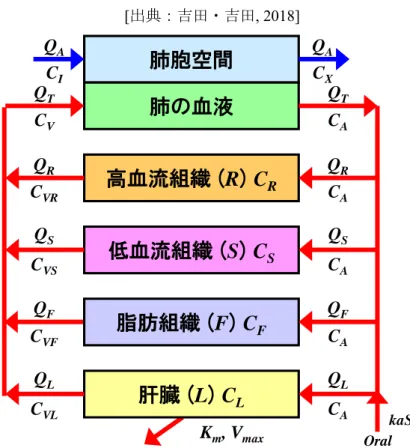 図 1 ． Ramsey &amp; Andersen 型の PBPK モデルの構造  [ 出典：吉田・吉田 , 2018]  図 2 ． 吸入曝露後の静脈血中濃度の推定値と測定値の比較  実線：推定値、 ● ：測定値 CVR Q RQSQFQLCACACAQACXQTCA肺胞空間肺の血液高血流組織(R)CR低血流組織(S)CS脂肪組織(F)CFQA肝臓(L)CLKm, VmaxCIQTCVQRQSCVSQFCVFQLCVL kaSOralCA 0.0100.1001.00010.000 0 1 2 3 4