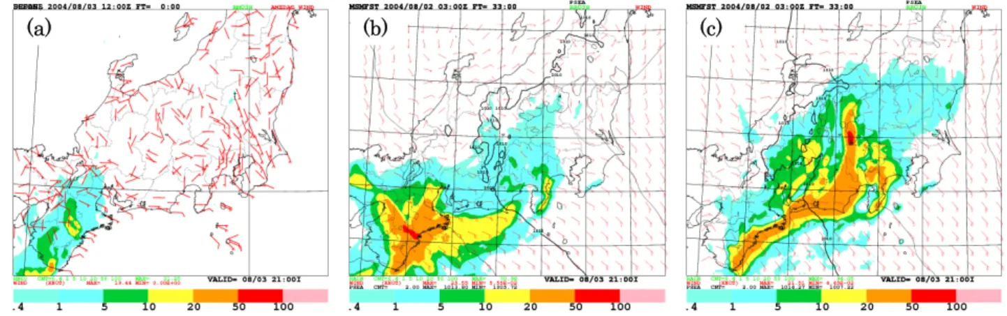 図 2.4.1  2004 年 8 月 3 日 09 UTC から 12 UTC までの 3 時間降水量 [mm/3h]。(a)解析雨量、(b) RSM 境界 MSM による予想降水量、 (c) GSM 境界 MSM による予想降水量。モデルは、初期時刻 2004 年 8 月 2 日 03 UTC からの 33 時間予想。 