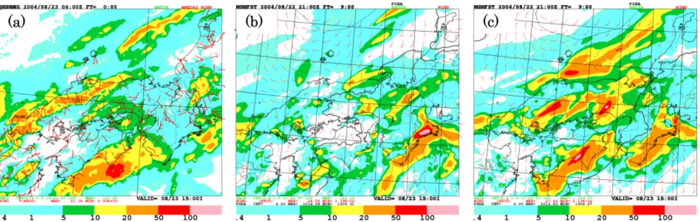 図 2.4.3  2004 年 8 月 23 日 03 UTC から 06 UTC までの 3 時間降水量 [mm/3h]。(a)  解析雨量、(b) RSM 境界 MSM による予想降水量、(c) GSM 境界 MSM による予想降水量。モデルは、初期時刻 2004 年 8 月 22 日 21 UTC から の 9 時間予想。 