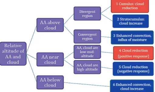 図 1：Koch  and  Del  Geni o（2010）が提示した吸収性エアロゾル（abs or bi ng  aer os ol s ,AAと表記）による雲量への影響の模式 図.赤と青のボックスはそれぞれ正と負の準直接効果を意味する.