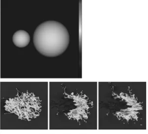 図 5  上図： 高平氏らによる数値シミュレーション の初期状態．大きさ，重さが違う分子雲の衝 突させる状態を示す．下図： 二つの分子雲を