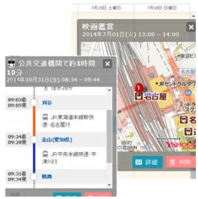 図 3: スケジューラに登録された経路 らない経路をユーザが知っていると判断して，移動経路の自動 登録をせずにスケジュールのみを登録する．ユーザの望む交通 機関が自動登録されなかった場合は，再検索をすることが可能 である．登録したスケジュールと自動登録された移動経路は， 図 3 のように簡易ウィンドウにて場所やおおまかな移動を確 認することが可能である． 本システムでは，会社や学校など自宅とは別に拠点とする 場所がある場合，登録することが可能である．登録地点への滞 在予定は，通勤・通学設定によっておこなう．