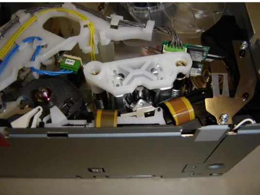 図 5.  HP StorageWorks Ultrium 960 アクチュエータ部  各サーボ・バンドは、図 6 に示すように、磁気ストライプの配列から構成されています。サーボ・バンド は、ヘッド・エレメントよりも幅が非常に広くなっています。これらは、 18 本のストライプを 5 本と 4 本の セットにして 5544 の配列で並べたフレームに配置されています。この配列は、サーボ・フレームを識 別するために使用されます。  サーボ・トラックは、テープ・パスでのヘッド位置、テープ速度、縦方向の位置を取得する