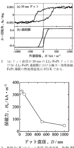 図 1 L1 0 FePt ドットの残留磁化状態((a), (c), (e))