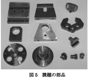 図 5   ��の部品     「工作機械」  旋盤 6 台、フライス盤 6 台、研削盤 2 台、ボー ル盤 2 台、精密旋盤(コレット旋盤)2 台  半自 動フライス盤 2 台  各作業の作業時間と加工内容を表１に示す。  表中の精密旋盤作業はφ20ｍｍ以下の部品加工 に用いている。半自動フライス盤作業は、品番 ⑩の端面につき出した偏心ボスの加工に用いて いる。なお、両作業とも汎用のフライス盤と旋 盤作業に置き換えることができるが、学生にい ろいろな工作機械と作業を体験させることと作 業効率化のため使用し