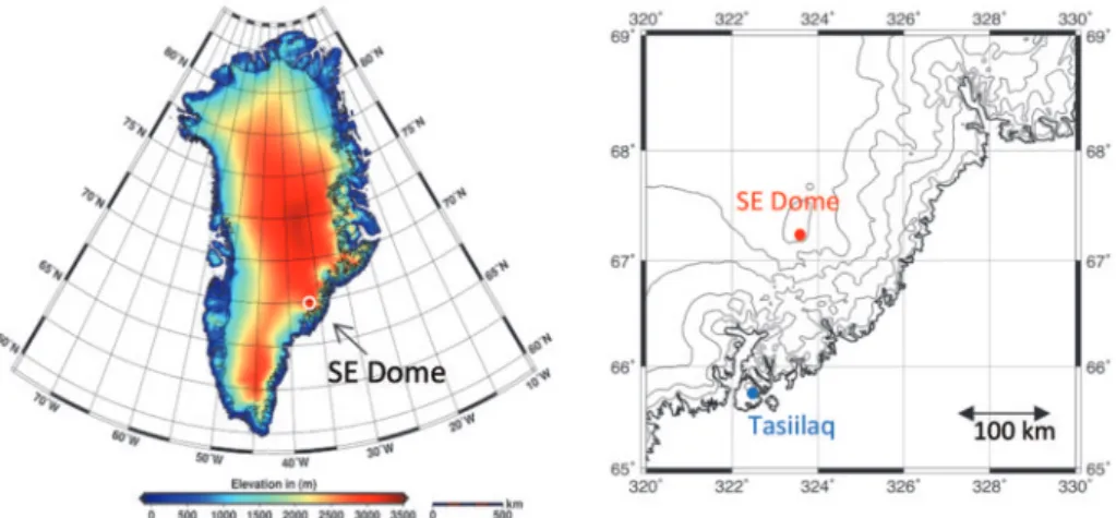 Figure 1：Left: Location of the SE-Dome region. The base map was produced from Helm et al