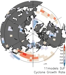 図 4: JRA25 の現在気候について、月平均の発達率と 500hPa の月平均東西風との局所的な相関係数を示した もの。点線のコンターは気候値海面水温の南北勾配 ( コ ンター間隔 1K/ 度 ) を表す。 では 40 ◦ –50 ◦ N で増加で、東大西洋の 40 ◦ N での増 加より大きい、また日本の南とアイスランド付近で は減少が見られるという点で、図 2(b) の直接計算 とよく似ており、値も近い。すなわち、そのような 領域での発達率の将来変化は、長期平均的な風の将 来変化のみによっておよそ量