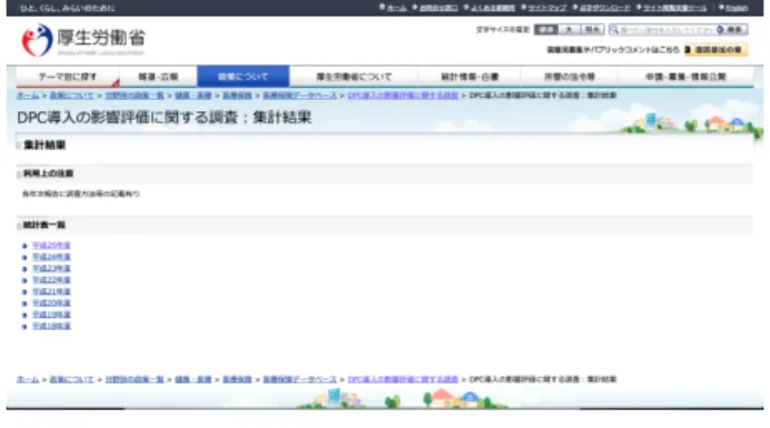 図 2: DPC 導入の影響評価に関する調査 「各 MDC における分類」， 「入院目的」， 「年齢・出生時体重等」， 「手術」， 「手術・処置等 1 」， 「手術・処置等 2 」， 「副傷病名」， 「重症度等」で構成される．これらは， 3 層に区別されており， 1 層目は「傷病名」に基づく層であり， ICD-10 で定義されて いる． 2 層目は「手術」の有無に基づく層であり，医科点数表 により定義されている． 図 3: DPC コードの一例 この例では脳腫瘍（ MDC コード： 010010 ）における
