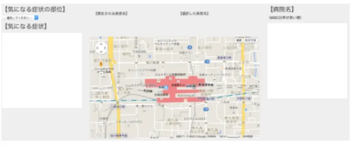 図 5: 構成システムのトップページ 図 6: 部位選択 図 7: 症状選択 図 8: 疾患名選択 図 9: 選択結果表示 図 10: 施設名選択 図 11: 選択施設を地図上に表示 以上あるため，ダウンロードしてから参照するととても手間がかかる．また，問診を行ってから割り出された疾患名に対する 適切な治療を行うであろう施設名と位置情報を表示するといったことから，従来の病院選択にはなかったより良い選択が可能になる．以上が，本システムの有用性である．4.まとめと展望病院評価に有効であるDPCデータの効率的な利